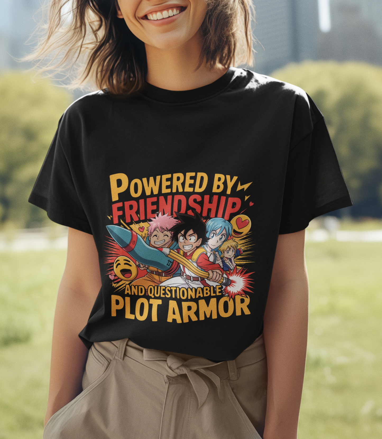 Powered By Friendship And Questionable Plot Armor Unisex Supima T-shirt