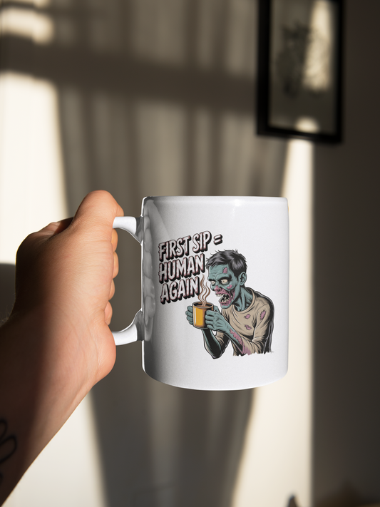 First Sip = Human Again Eco-Friendly Ceramic Mug